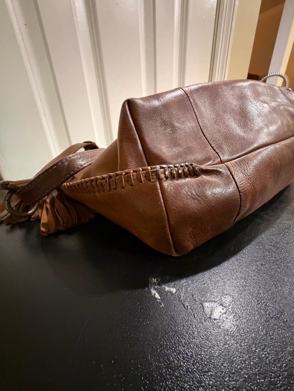 Lucky Brand Cognac Brown Leather hobo Shoulder Bag with tassels - Picture 6 of 10
